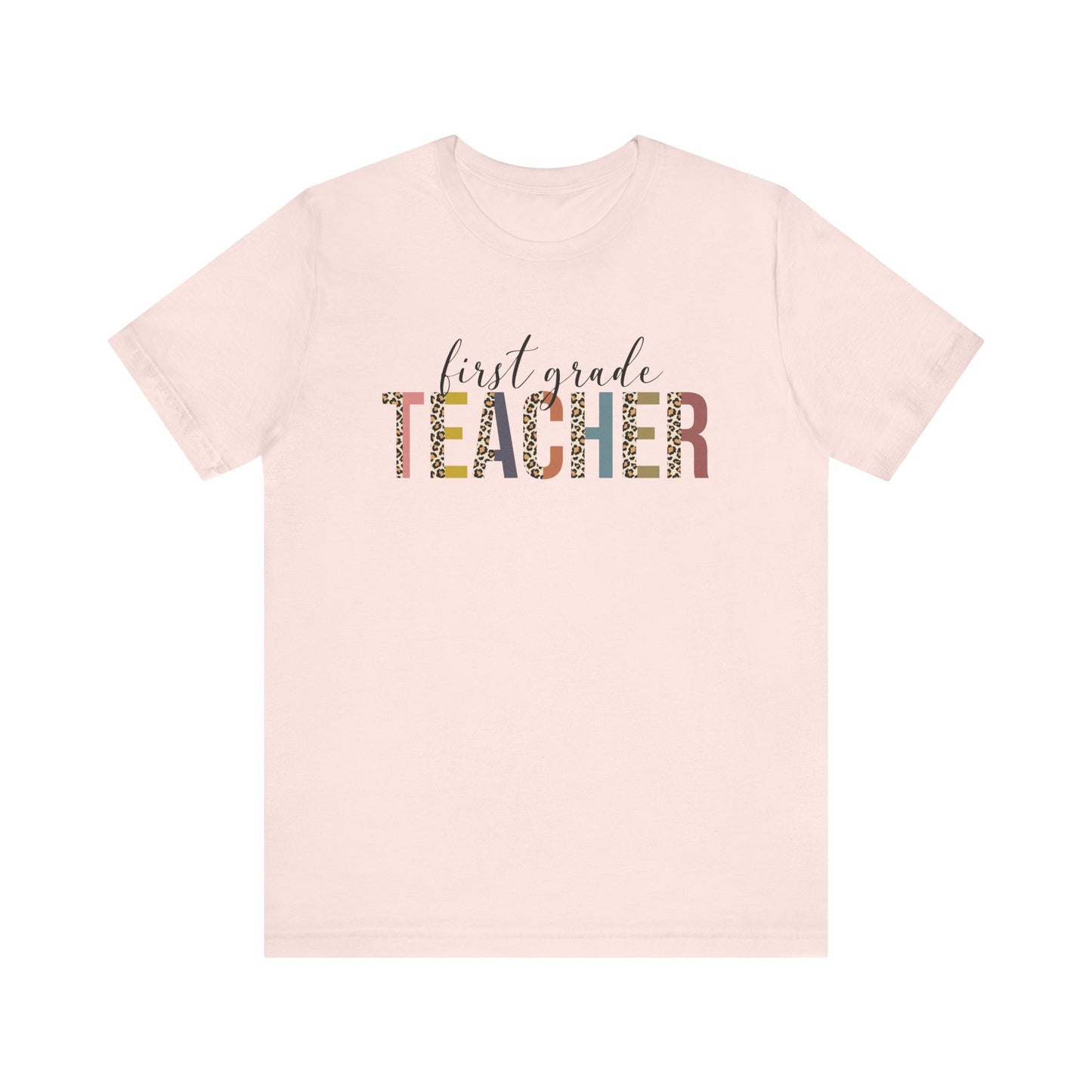 First Grade Teacher Jersey Short Sleeve Tee, Leopard Print and Pastel Rainbow Design T-Shirt, School Teacher Gifts, Back to School Tee