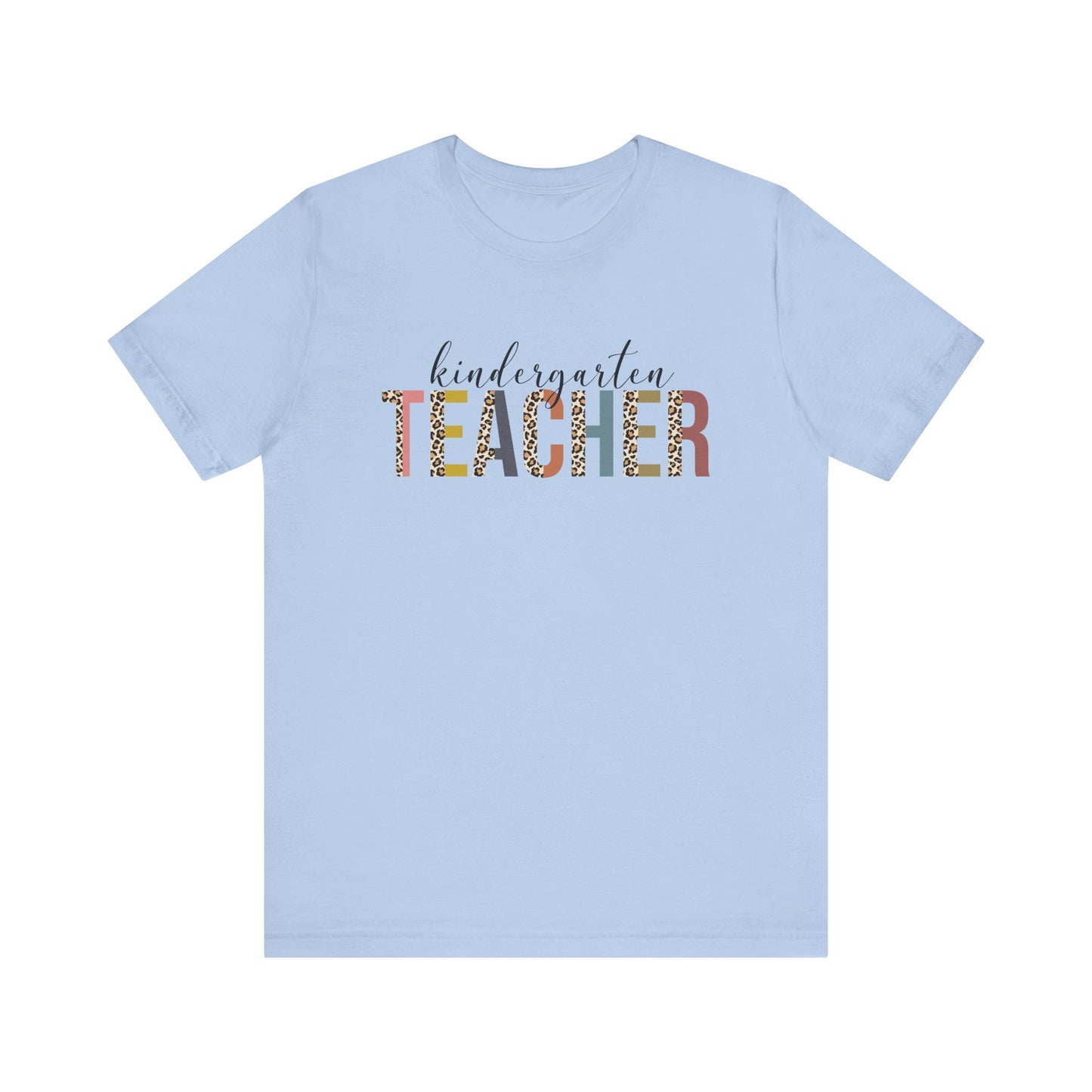Kindergarten Teacher Jersey Short Sleeve Tee, Leopard Print and Pastel Rainbow Design T-Shirt, School Teacher Gifts, Back to School Tee