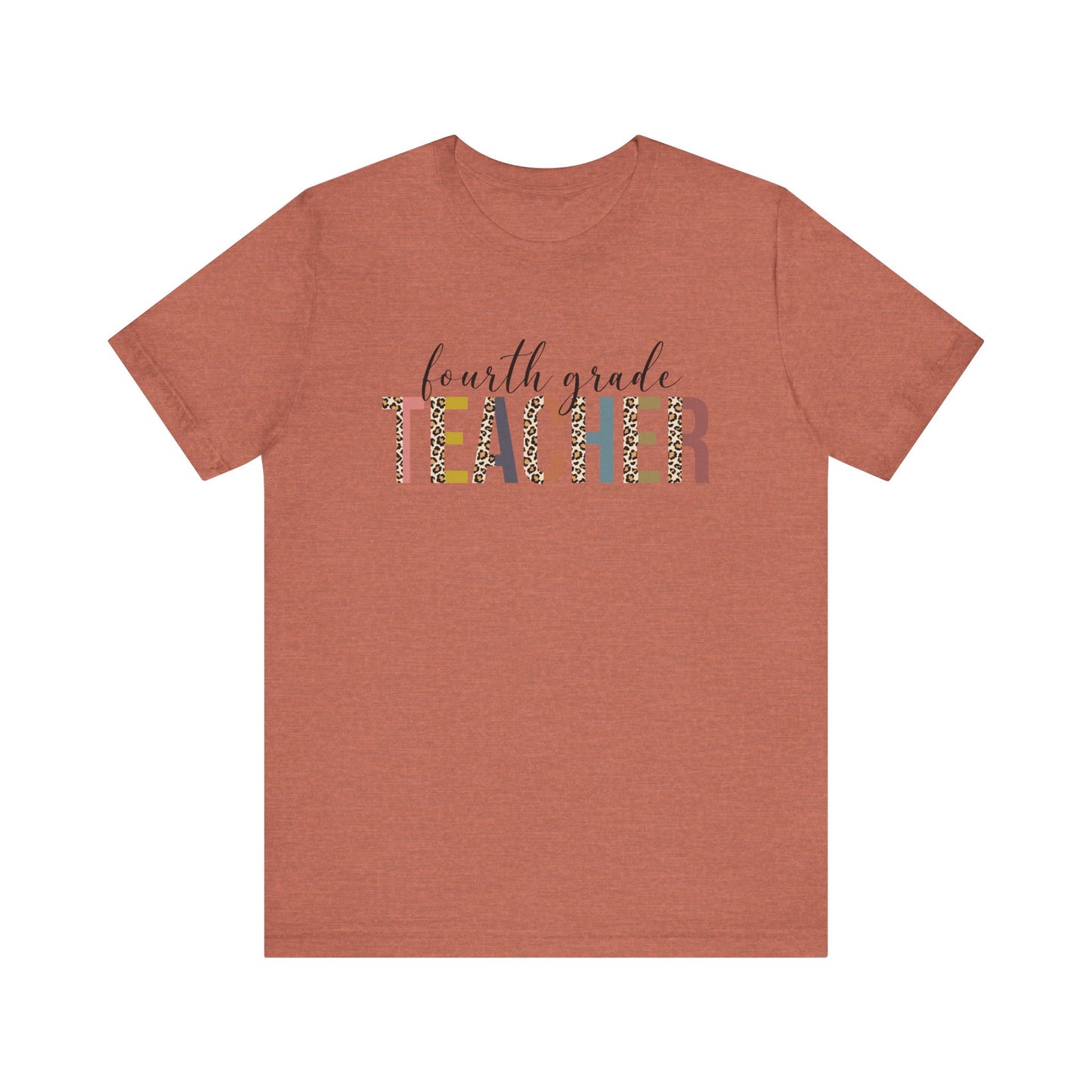 Fourth Grade Teacher Jersey Short Sleeve Tee, Leopard Print and Pastel Rainbow Design T-Shirt, School Teacher Gifts, Back to School T
