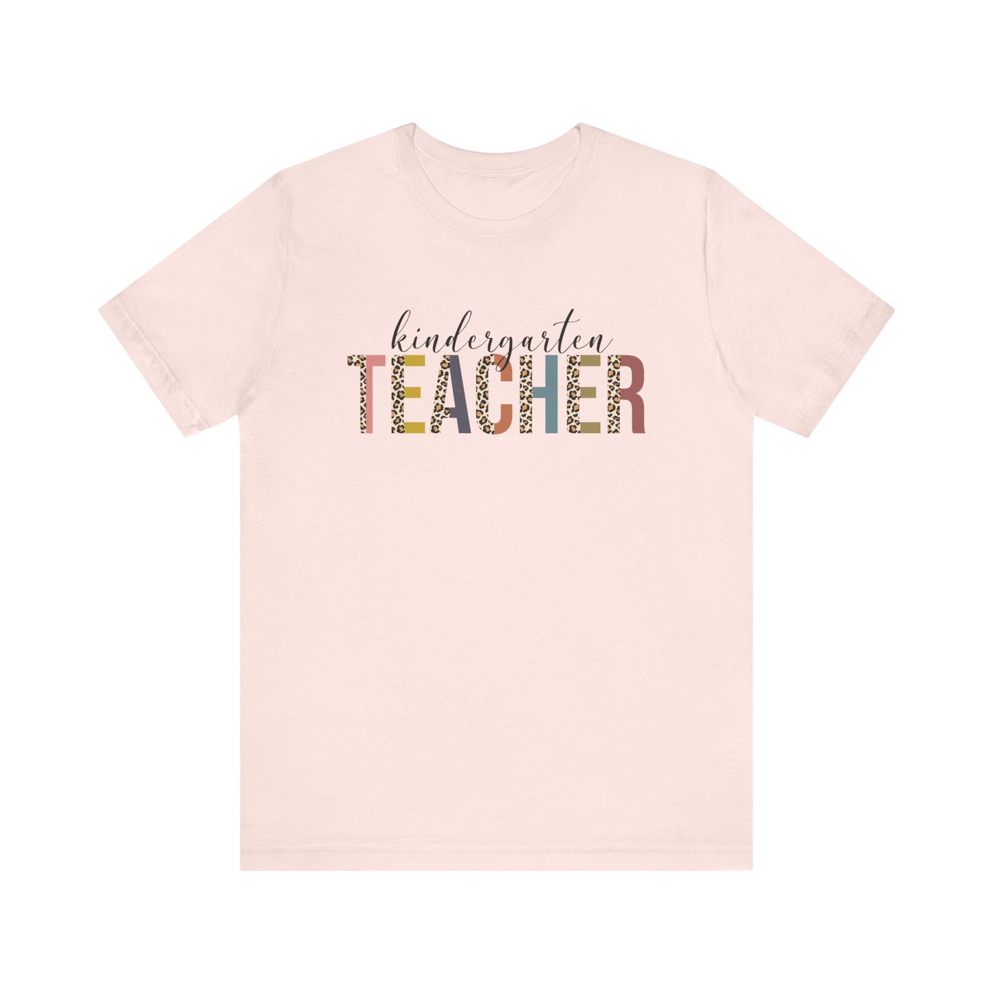 Kindergarten Teacher Jersey Short Sleeve Tee, Leopard Print and Pastel Rainbow Design T-Shirt, School Teacher Gifts, Back to School Tee