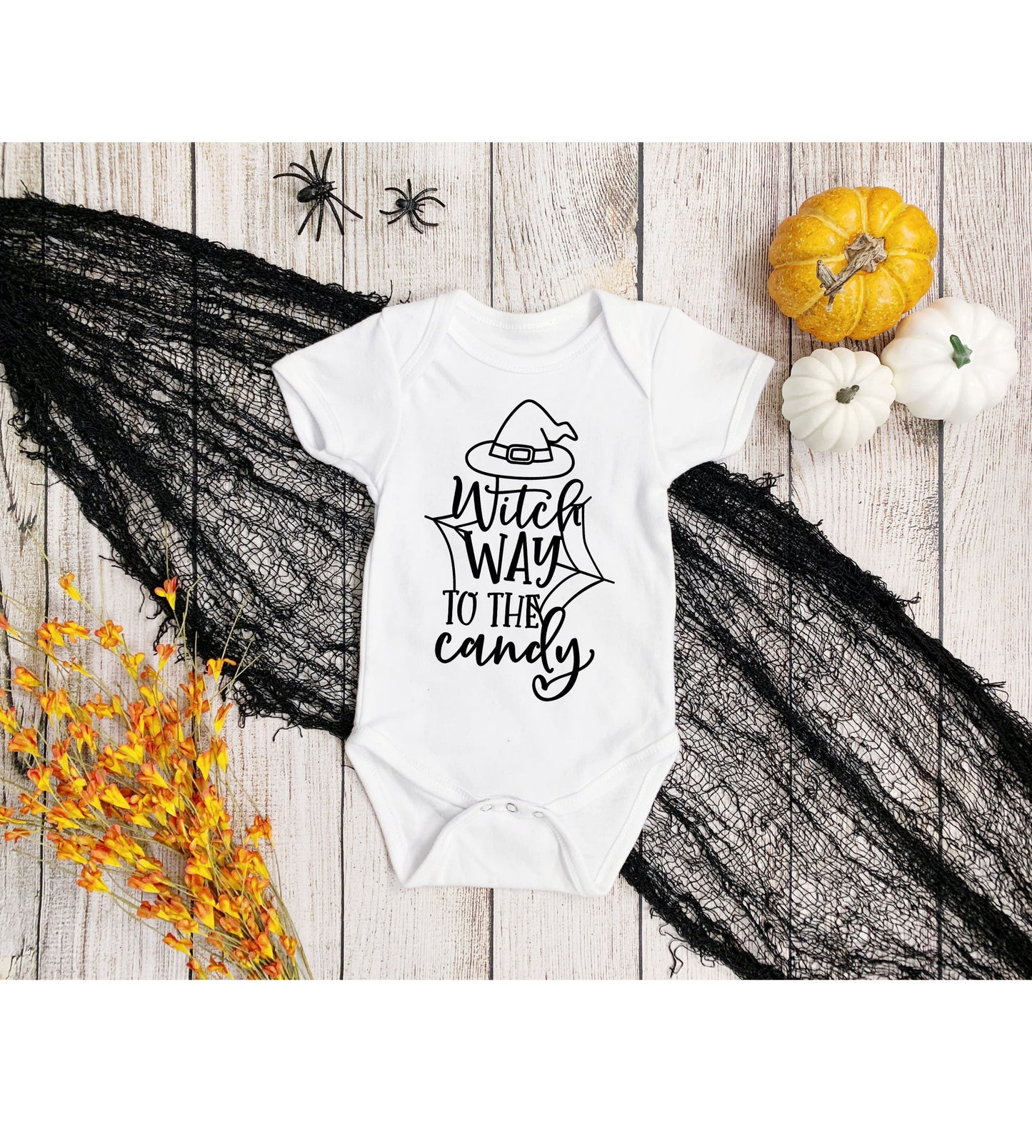Witch Way to the Candy Infant Fine Jersey Bodysuit, Fall Autumn Halloween Onesie, Autumn Outfit for a Baby Witch, Spooky Scary Witch Tee
