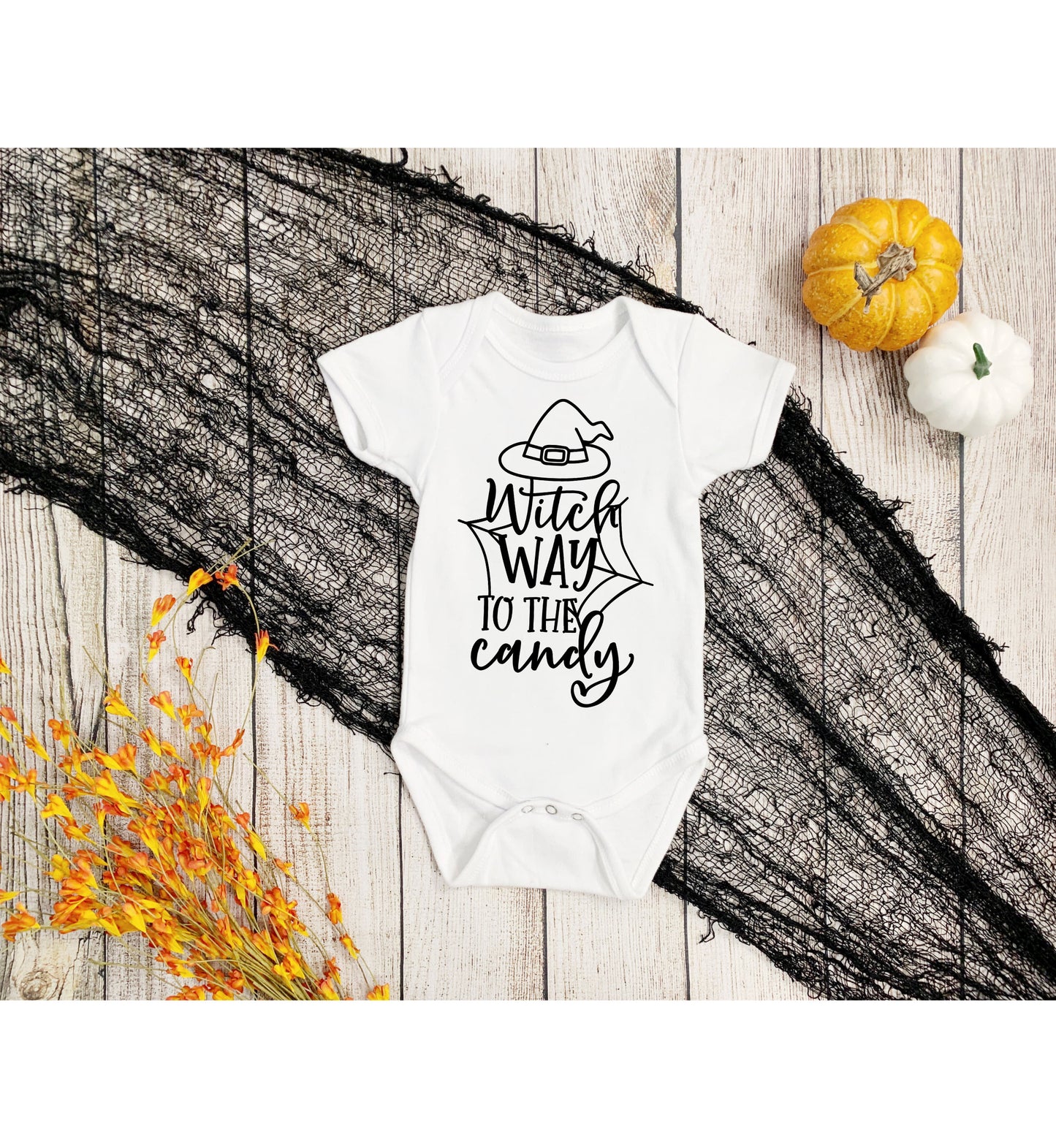 Witch Way to the Candy Infant Fine Jersey Bodysuit, Fall Autumn Halloween Onesie, Autumn Outfit for a Baby Witch, Spooky Scary Witch Tee
