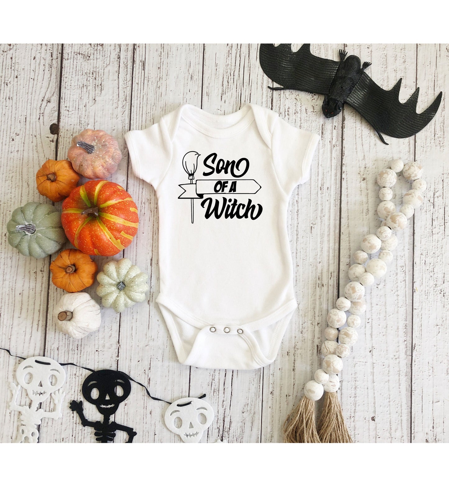 Son of a Witch Infant Fine Jersey Bodysuit, Funny and Cute Baby Boy Halloween Themed Onesie, Spooky Trick or Treat Outfit for Fall Babies