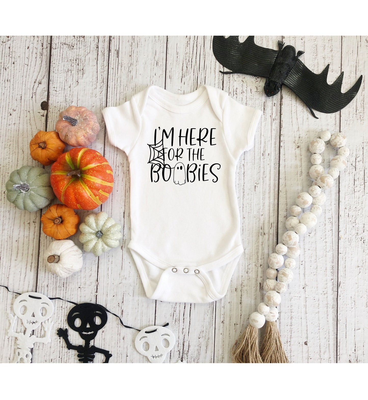 I'm Here for the Boobies Infant Fine Jersey Bodysuit, Funny Halloween Baby Onesie, Baby Boy or Girl Fall Themed Gift