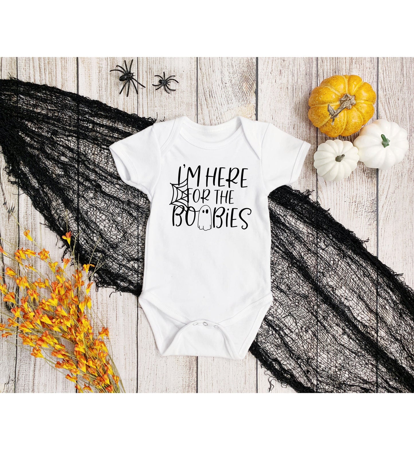 I'm Here for the Boobies Infant Fine Jersey Bodysuit, Funny Halloween Baby Onesie, Baby Boy or Girl Fall Themed Gift