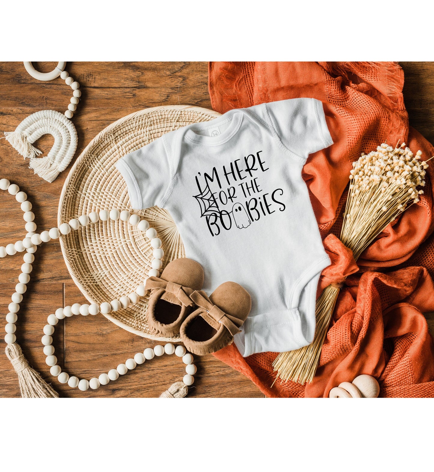 I'm Here for the Boobies Infant Fine Jersey Bodysuit, Funny Halloween Baby Onesie, Baby Boy or Girl Fall Themed Gift
