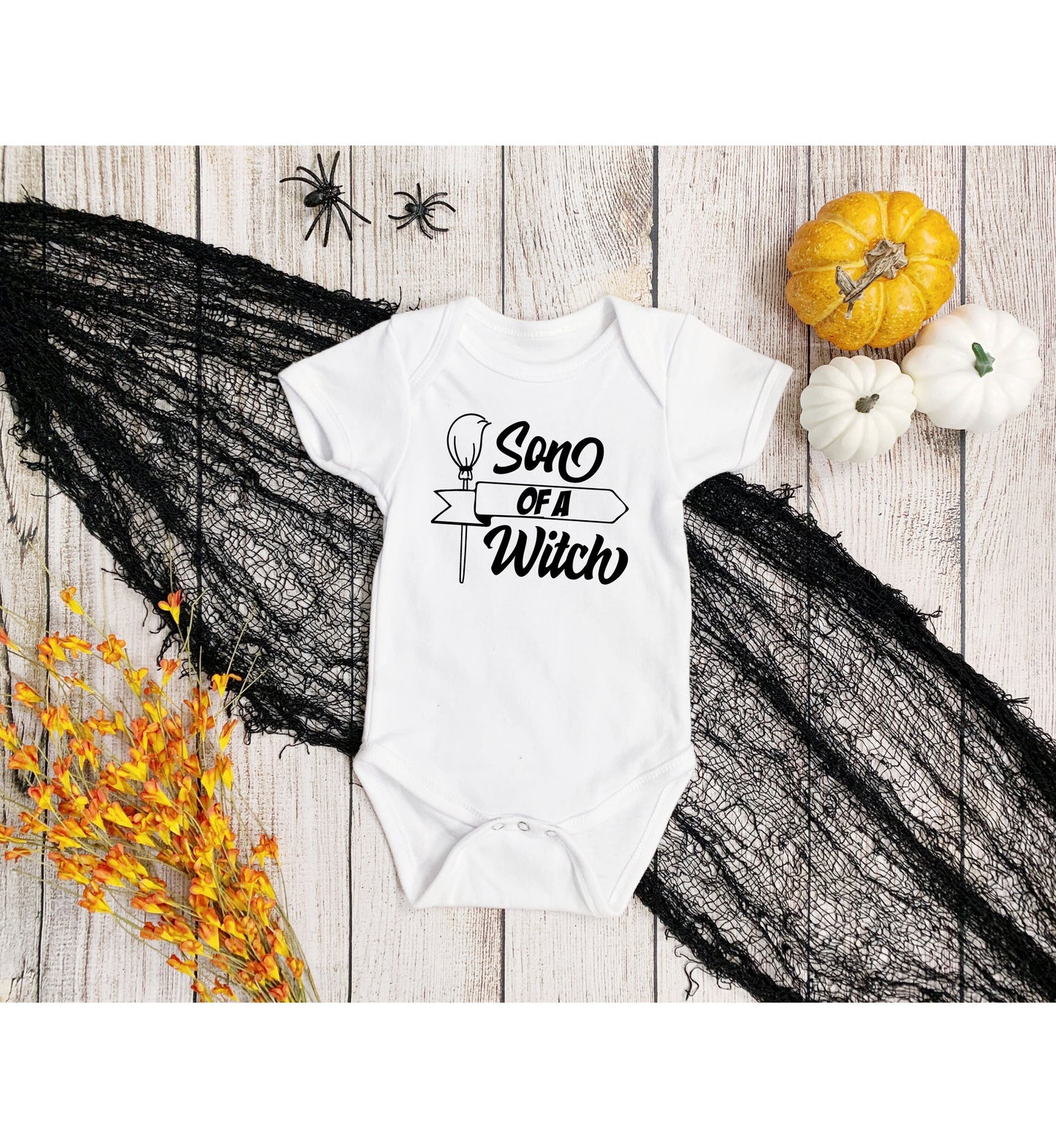 Son of a Witch Infant Fine Jersey Bodysuit, Funny and Cute Baby Boy Halloween Themed Onesie, Spooky Trick or Treat Outfit for Fall Babies