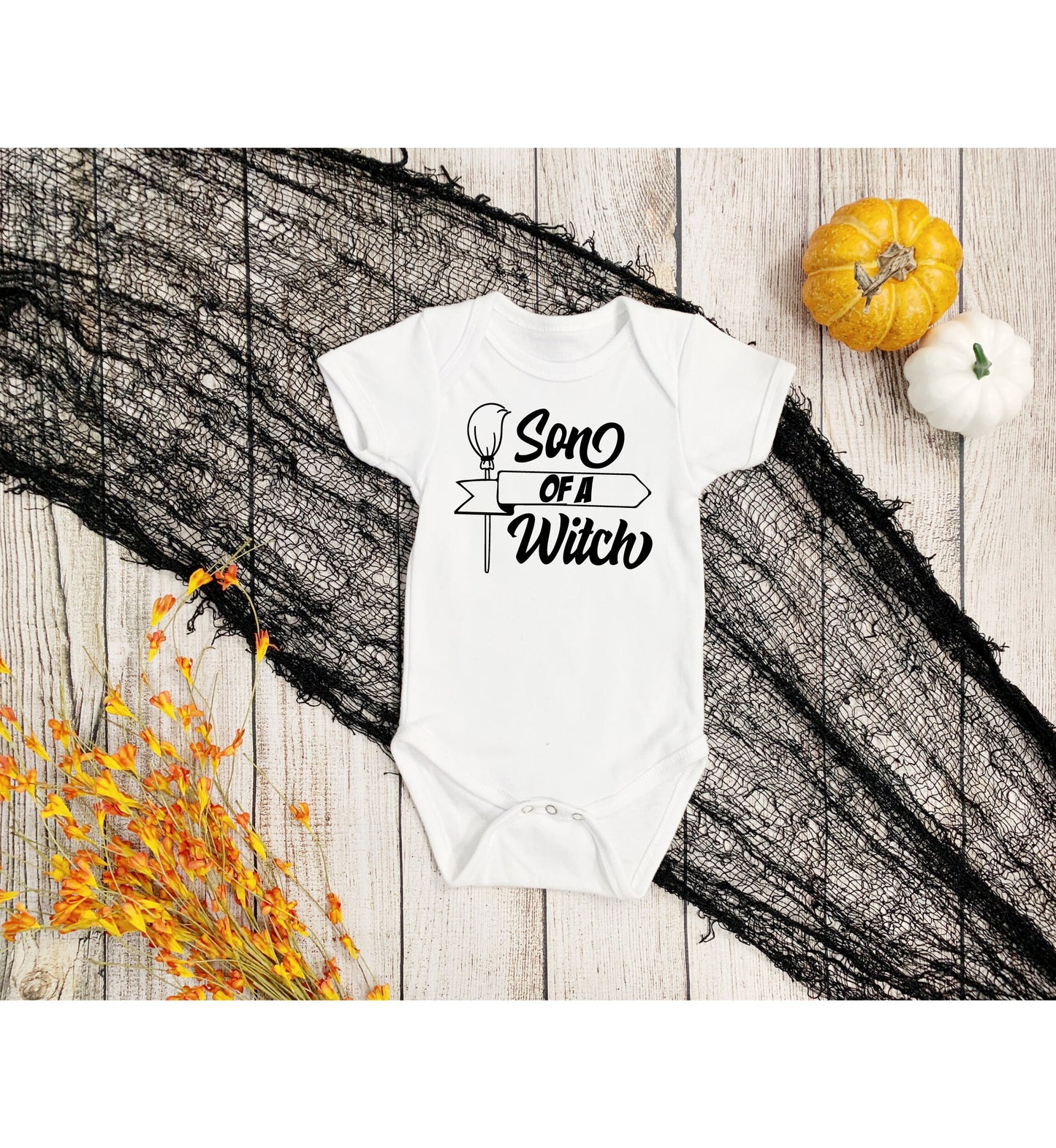 Son of a Witch Infant Fine Jersey Bodysuit, Funny and Cute Baby Boy Halloween Themed Onesie, Spooky Trick or Treat Outfit for Fall Babies