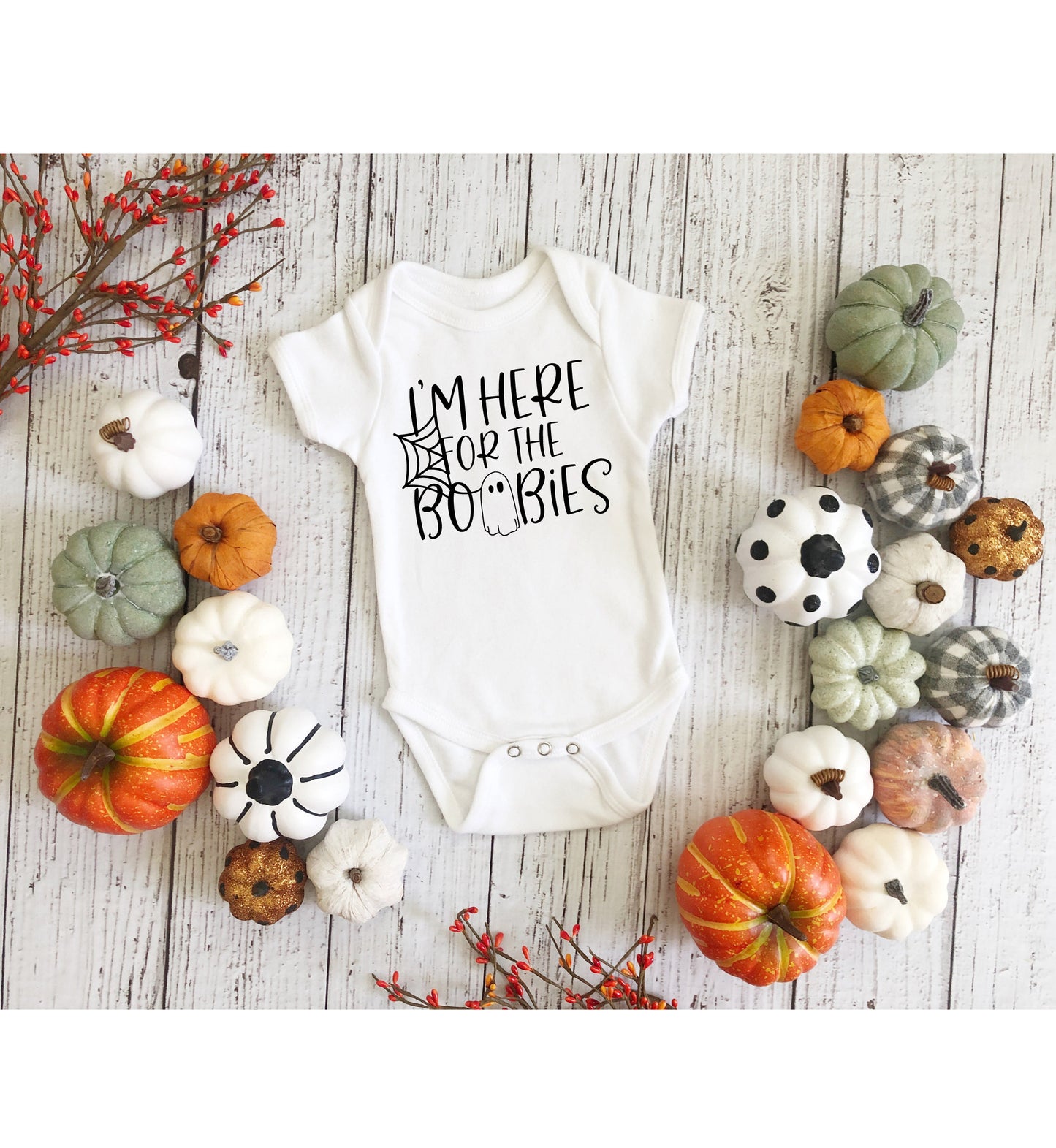 I'm Here for the Boobies Infant Fine Jersey Bodysuit, Funny Halloween Baby Onesie, Baby Boy or Girl Fall Themed Gift