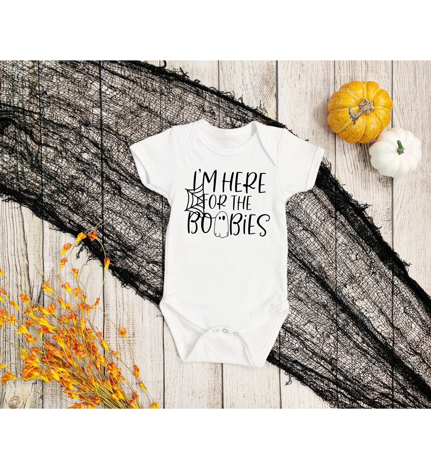 I'm Here for the Boobies Infant Fine Jersey Bodysuit, Funny Halloween Baby Onesie, Baby Boy or Girl Fall Themed Gift
