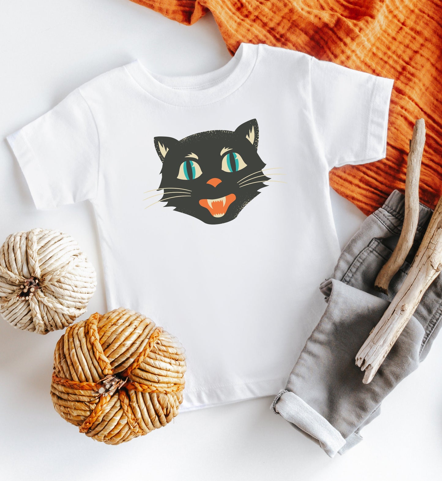 Vintage Black Cat Kids Heavy Cotton Tee, Retro Halloween T-Shirts for kids, Halloween Black Cat Shirt
