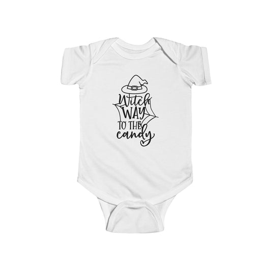 Witch Way to the Candy Infant Fine Jersey Bodysuit, Fall Autumn Halloween Onesie, Autumn Outfit for a Baby Witch, Spooky Scary Witch Tee