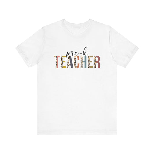 Pre-K Teacher Jersey Short Sleeve Tee, Leopard Print and Pastel Rainbow Design T-Shirt, School Teacher Gifts, Back to School Tee