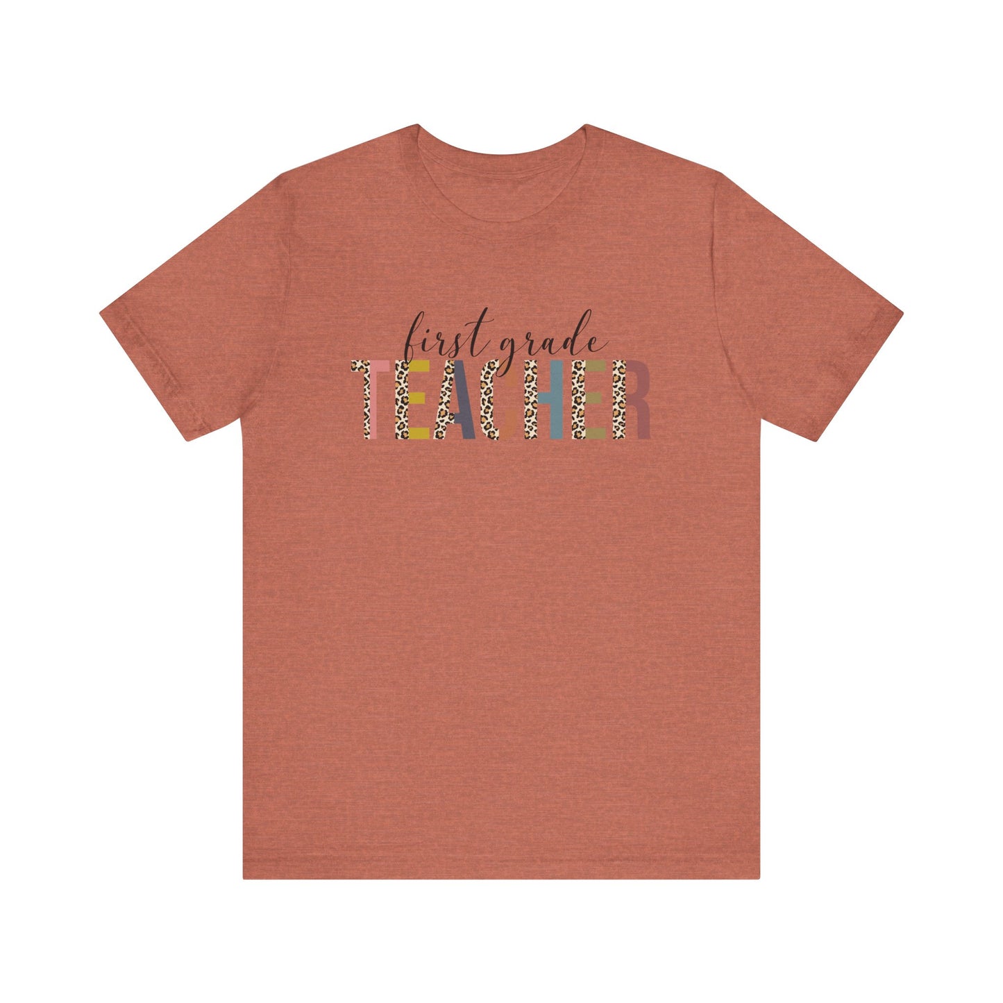 First Grade Teacher Jersey Short Sleeve Tee, Leopard Print and Pastel Rainbow Design T-Shirt, School Teacher Gifts, Back to School Tee