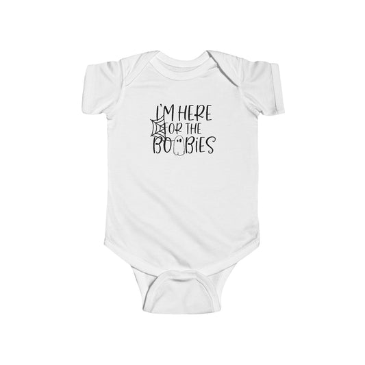 I'm Here for the Boobies Infant Fine Jersey Bodysuit, Funny Halloween Baby Onesie, Baby Boy or Girl Fall Themed Gift