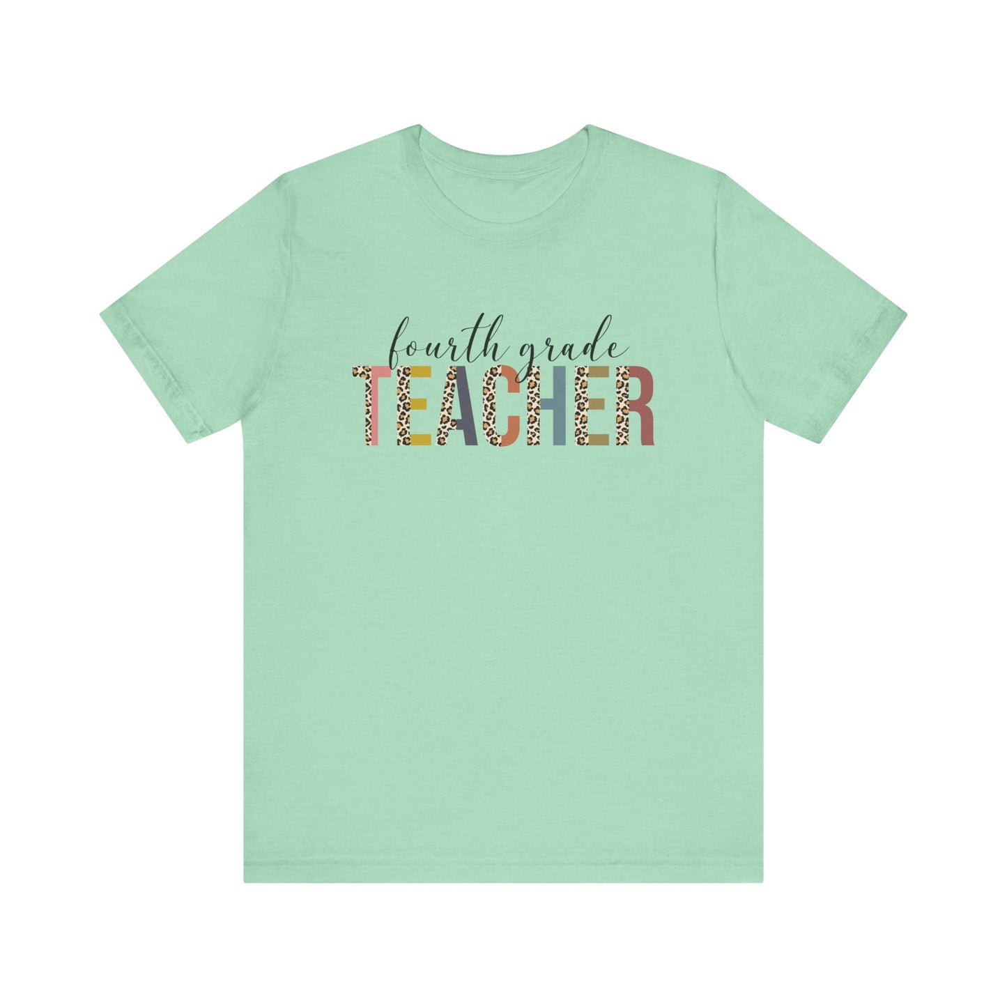 Fourth Grade Teacher Jersey Short Sleeve Tee, Leopard Print and Pastel Rainbow Design T-Shirt, School Teacher Gifts, Back to School T