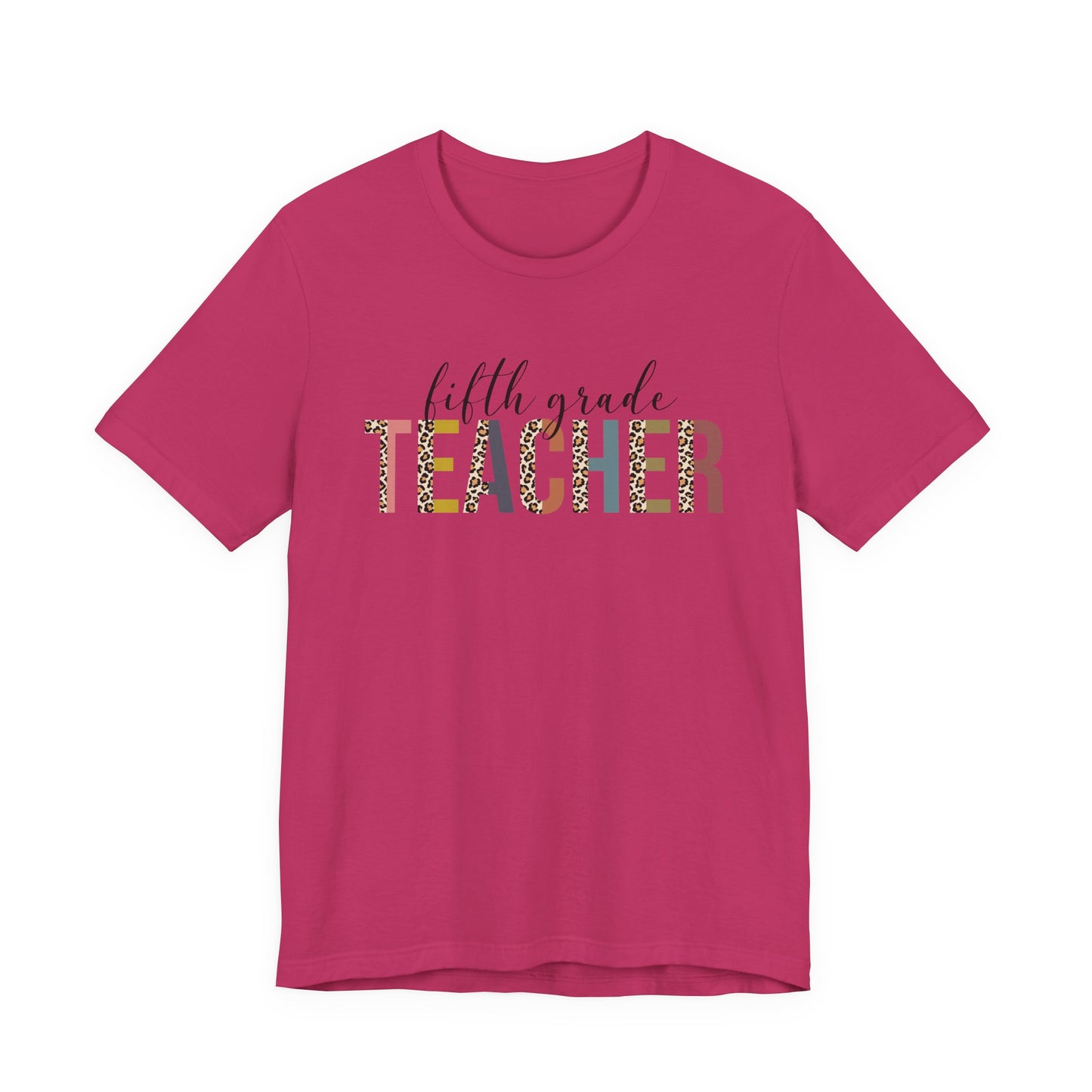 Fifth Grade Teacher Jersey Short Sleeve Tee, Leopard Print and Pastel Rainbow Design T-Shirt, School Teacher Gifts, Back to School