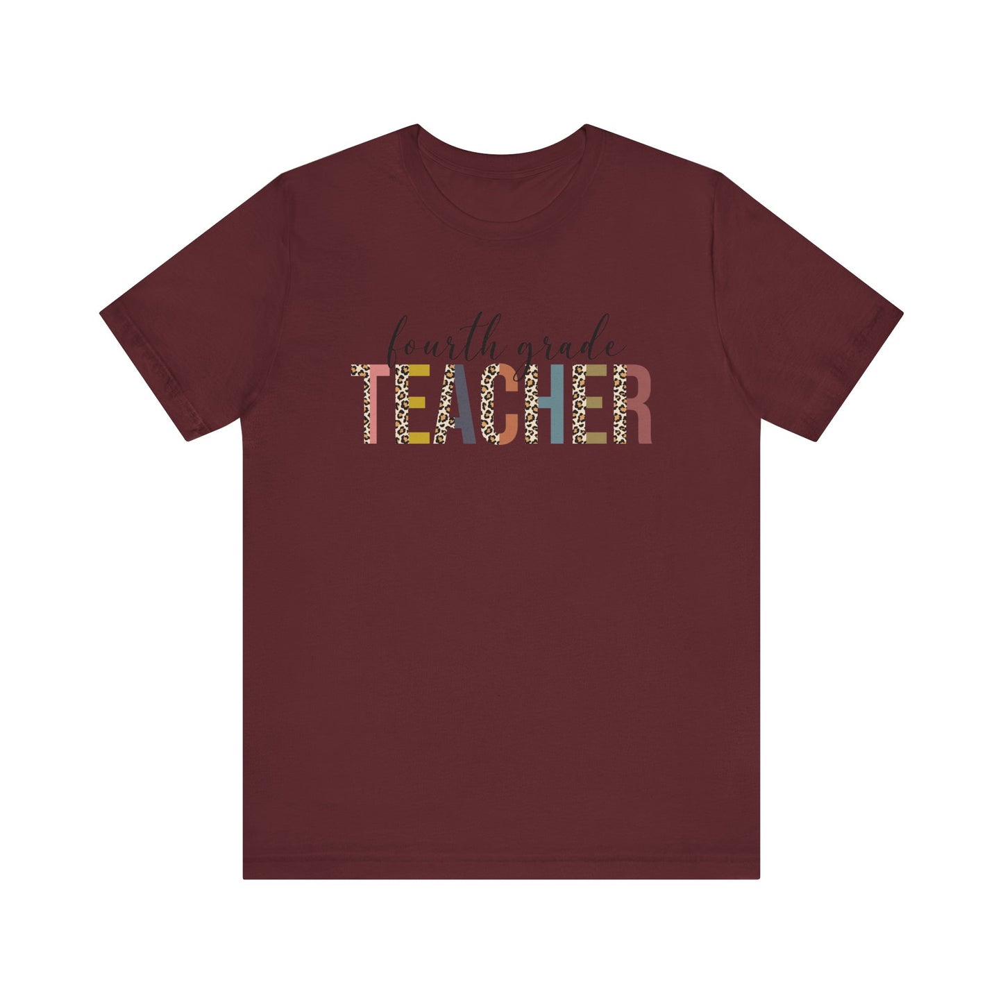 Fourth Grade Teacher Jersey Short Sleeve Tee, Leopard Print and Pastel Rainbow Design T-Shirt, School Teacher Gifts, Back to School T