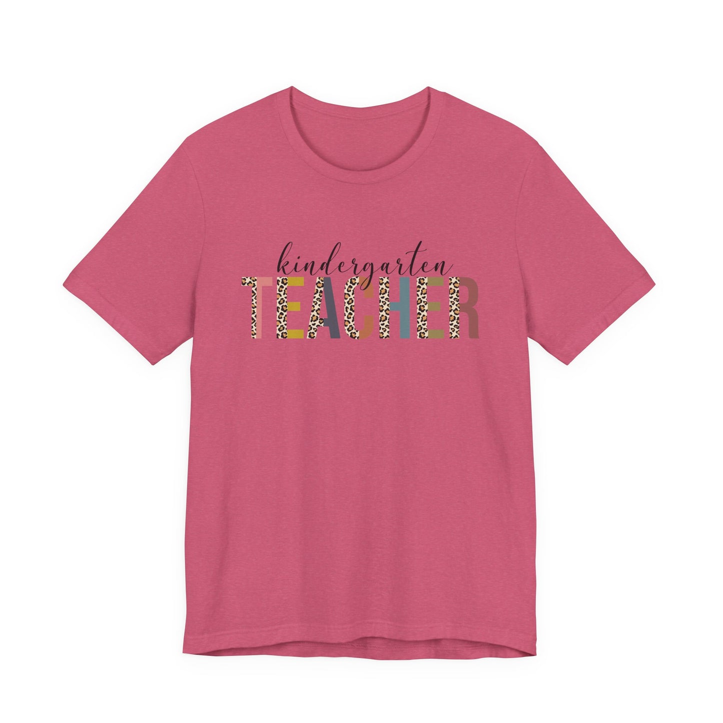 Kindergarten Teacher Jersey Short Sleeve Tee, Leopard Print and Pastel Rainbow Design T-Shirt, School Teacher Gifts, Back to School Tee