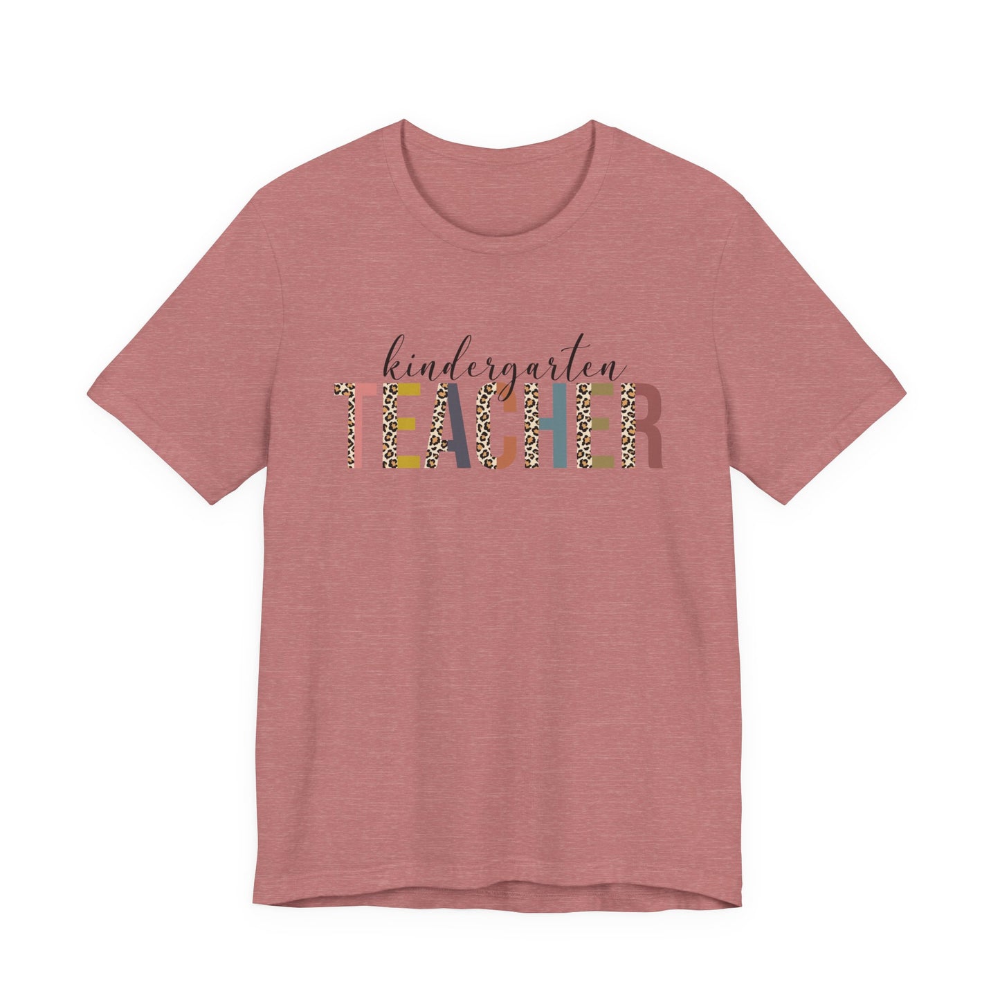 Kindergarten Teacher Jersey Short Sleeve Tee, Leopard Print and Pastel Rainbow Design T-Shirt, School Teacher Gifts, Back to School Tee