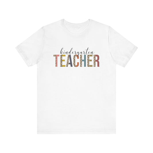 Kindergarten Teacher Jersey Short Sleeve Tee, Leopard Print and Pastel Rainbow Design T-Shirt, School Teacher Gifts, Back to School Tee