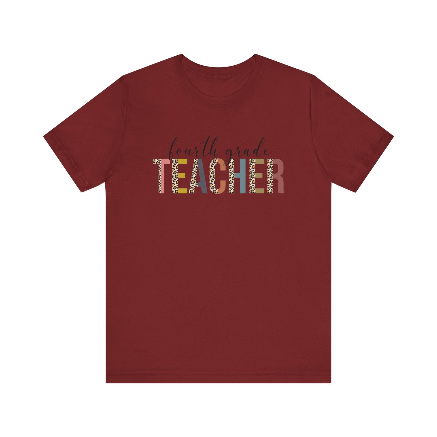 Fourth Grade Teacher Jersey Short Sleeve Tee, Leopard Print and Pastel Rainbow Design T-Shirt, School Teacher Gifts, Back to School T