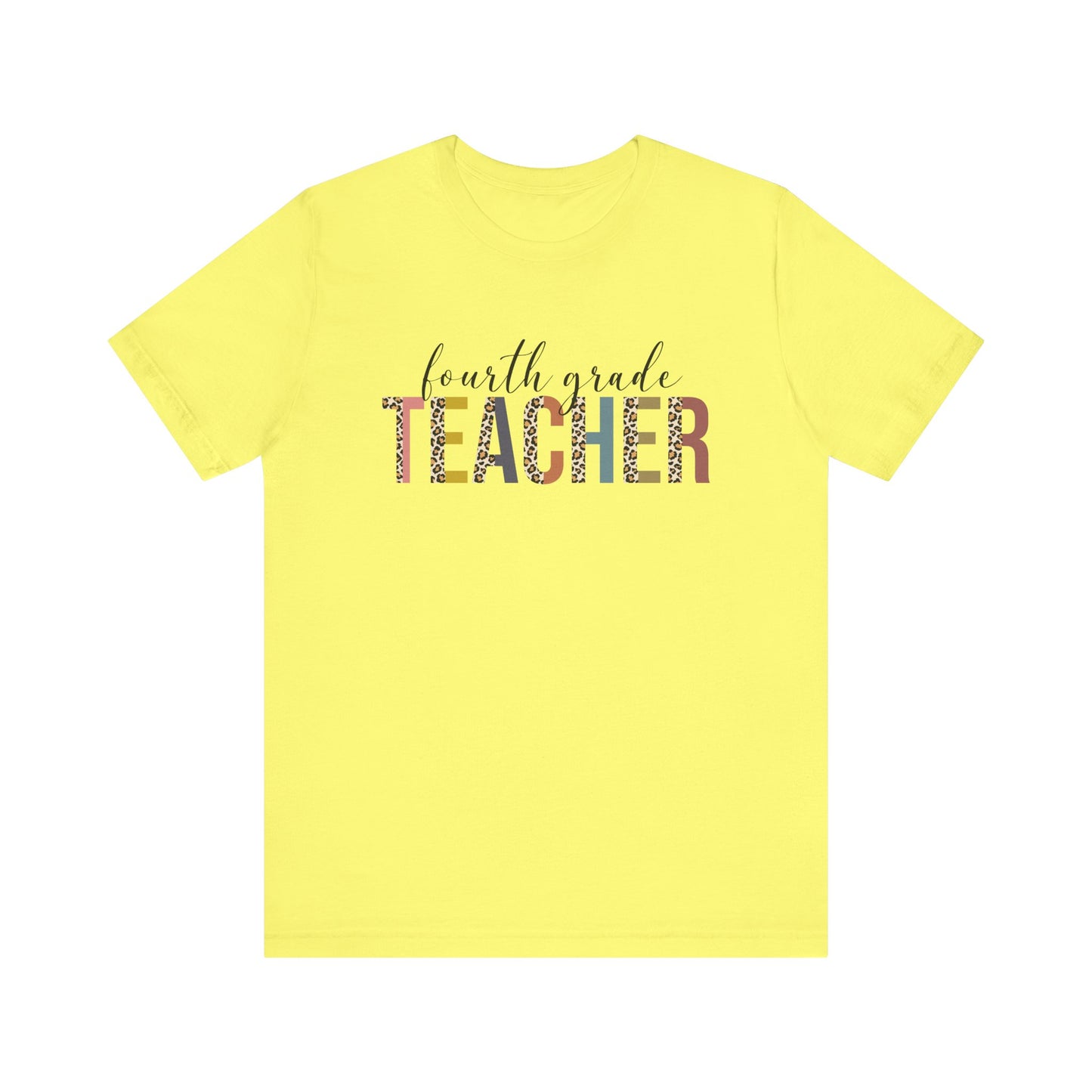 Fourth Grade Teacher Jersey Short Sleeve Tee, Leopard Print and Pastel Rainbow Design T-Shirt, School Teacher Gifts, Back to School T