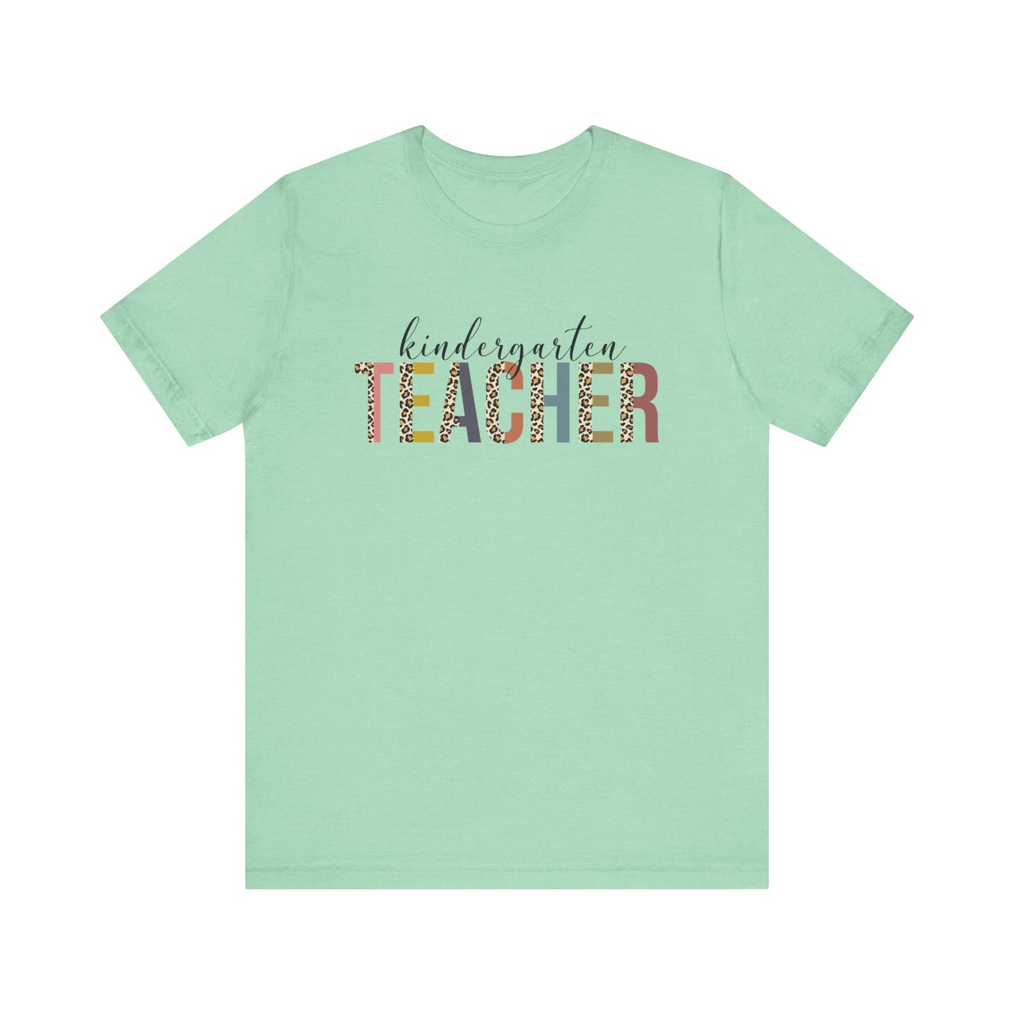 Kindergarten Teacher Jersey Short Sleeve Tee, Leopard Print and Pastel Rainbow Design T-Shirt, School Teacher Gifts, Back to School Tee