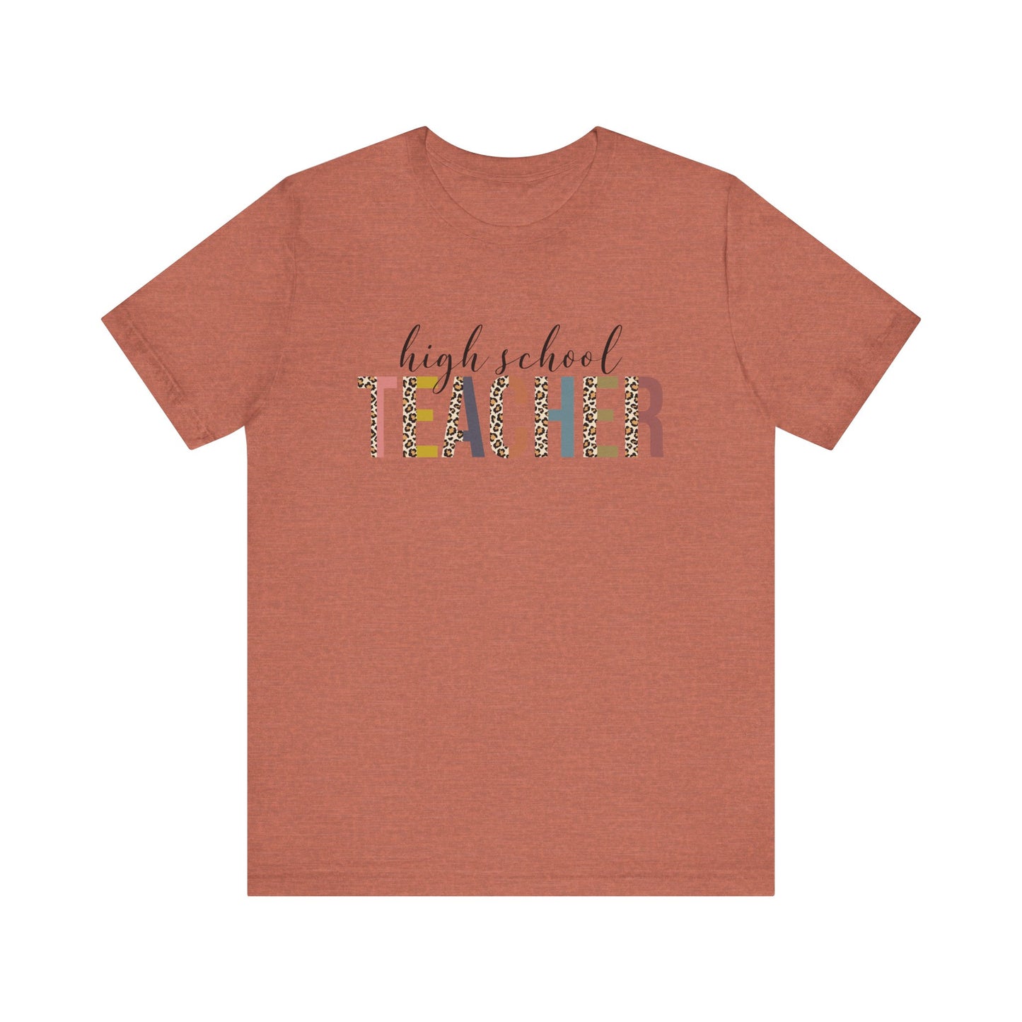High School Teacher Jersey Short Sleeve Tee, Leopard Print and Pastel Rainbow Design T-Shirt, School Teacher Gifts, Back to School