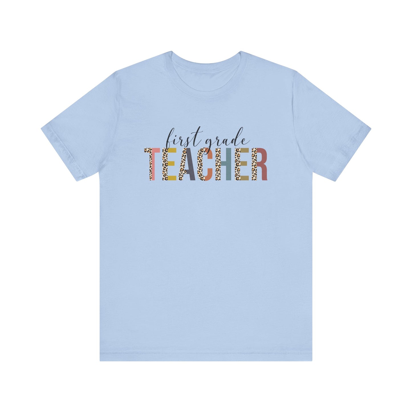 First Grade Teacher Jersey Short Sleeve Tee, Leopard Print and Pastel Rainbow Design T-Shirt, School Teacher Gifts, Back to School Tee