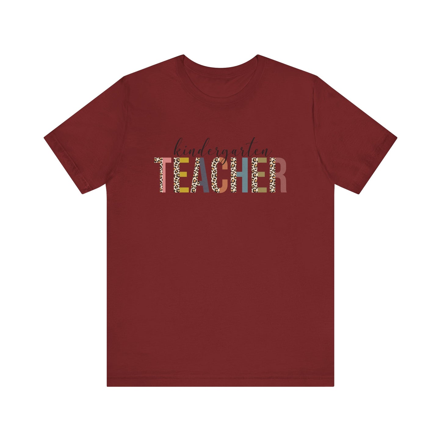 Kindergarten Teacher Jersey Short Sleeve Tee, Leopard Print and Pastel Rainbow Design T-Shirt, School Teacher Gifts, Back to School Tee