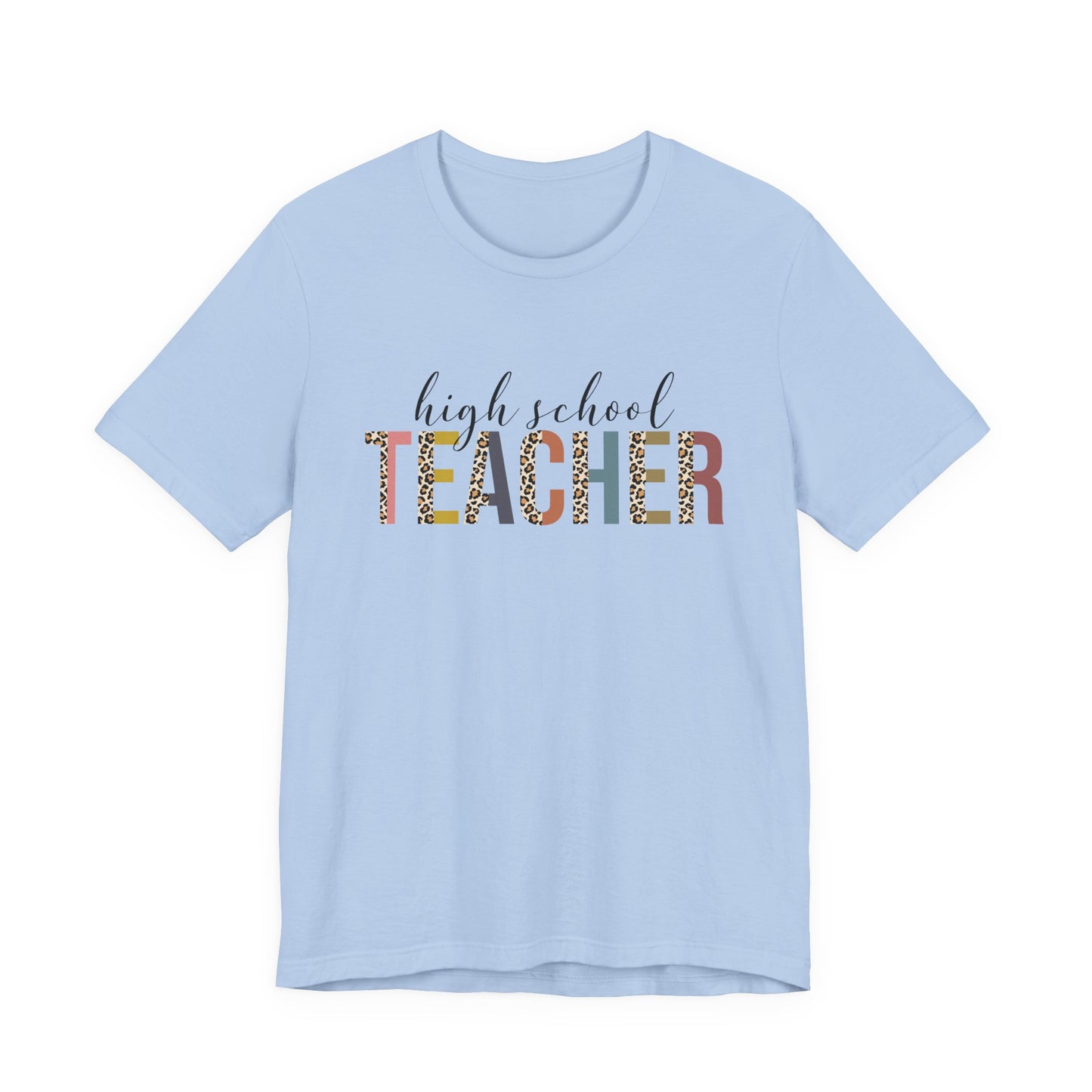 High School Teacher Jersey Short Sleeve Tee, Leopard Print and Pastel Rainbow Design T-Shirt, School Teacher Gifts, Back to School