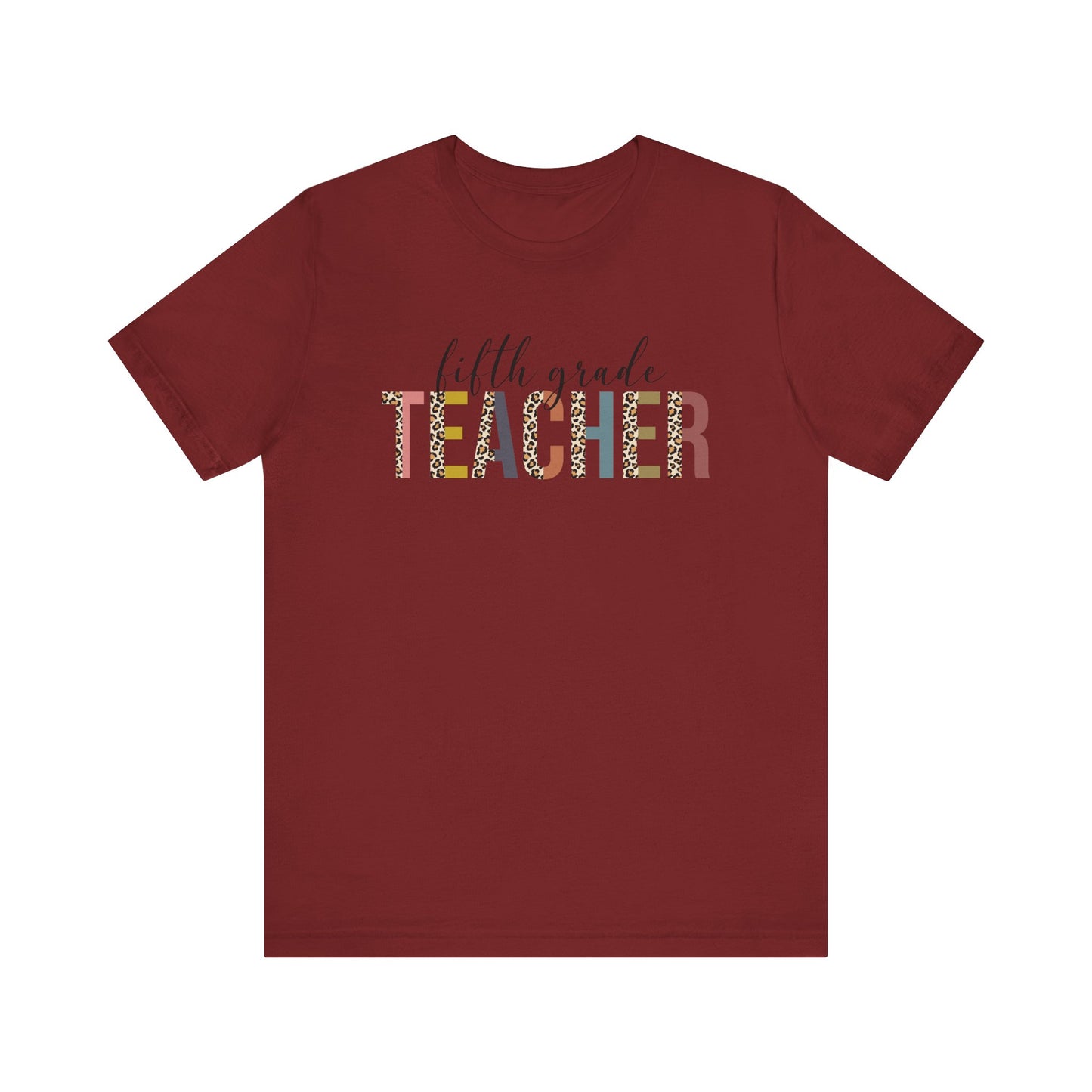 Fifth Grade Teacher Jersey Short Sleeve Tee, Leopard Print and Pastel Rainbow Design T-Shirt, School Teacher Gifts, Back to School
