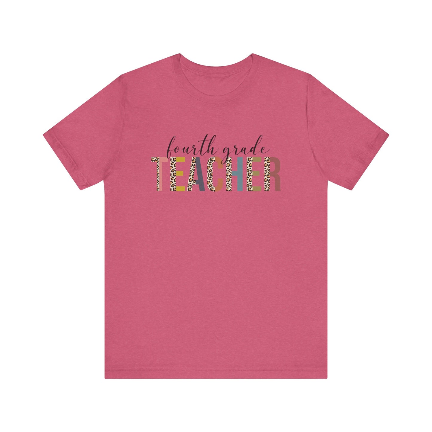 Fourth Grade Teacher Jersey Short Sleeve Tee, Leopard Print and Pastel Rainbow Design T-Shirt, School Teacher Gifts, Back to School T