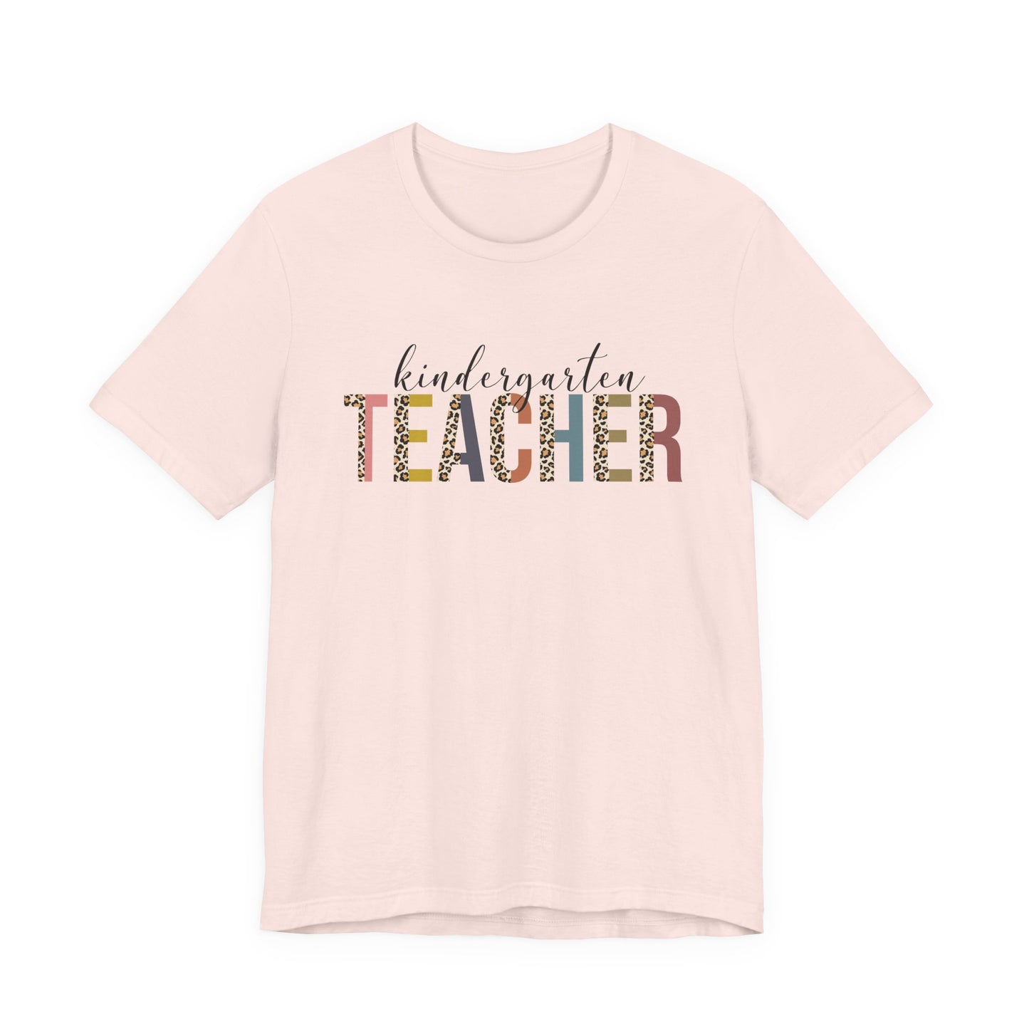 Kindergarten Teacher Jersey Short Sleeve Tee, Leopard Print and Pastel Rainbow Design T-Shirt, School Teacher Gifts, Back to School Tee