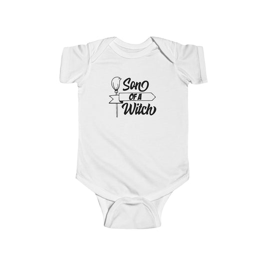 Son of a Witch Infant Fine Jersey Bodysuit, Funny and Cute Baby Boy Halloween Themed Onesie, Spooky Trick or Treat Outfit for Fall Babies