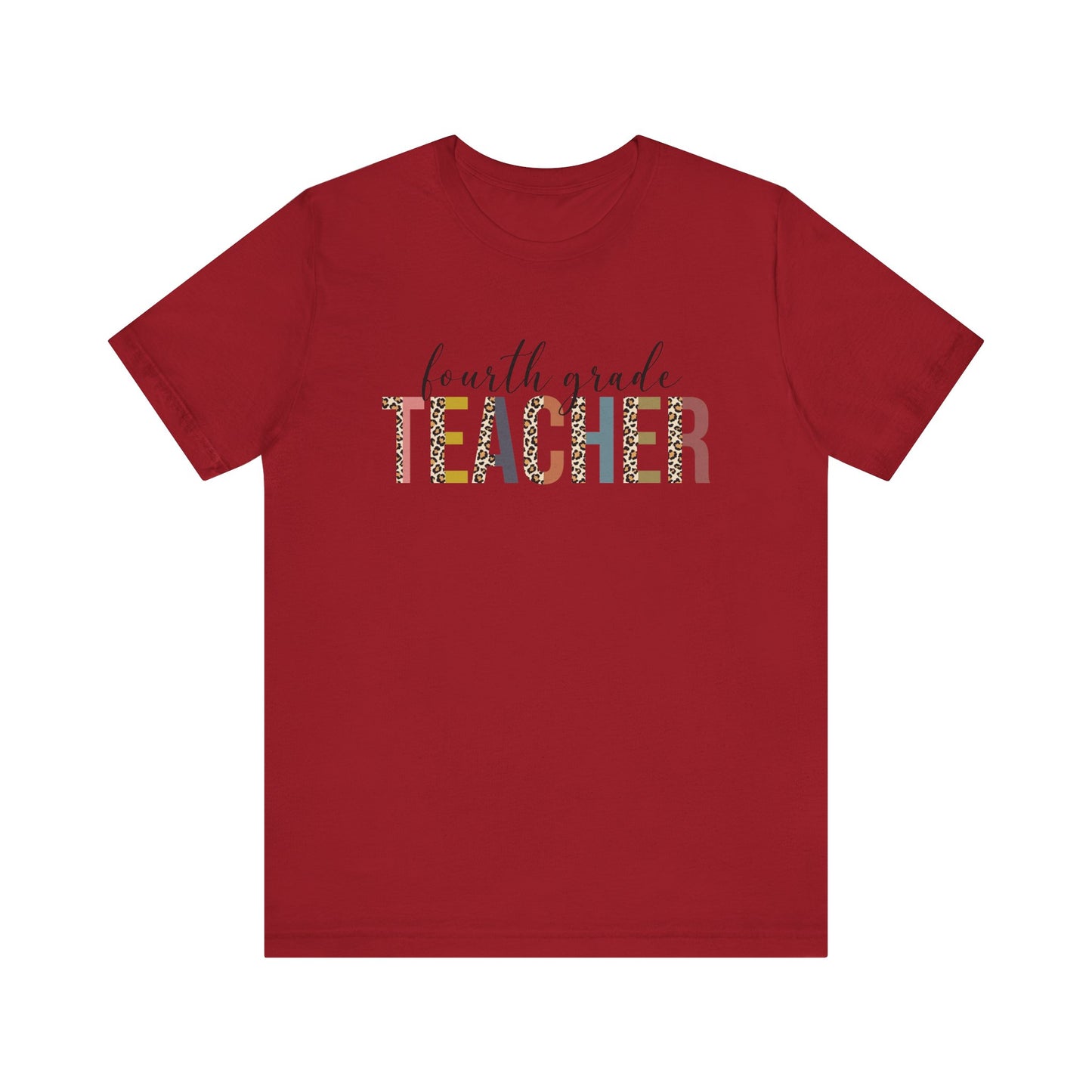 Fourth Grade Teacher Jersey Short Sleeve Tee, Leopard Print and Pastel Rainbow Design T-Shirt, School Teacher Gifts, Back to School T