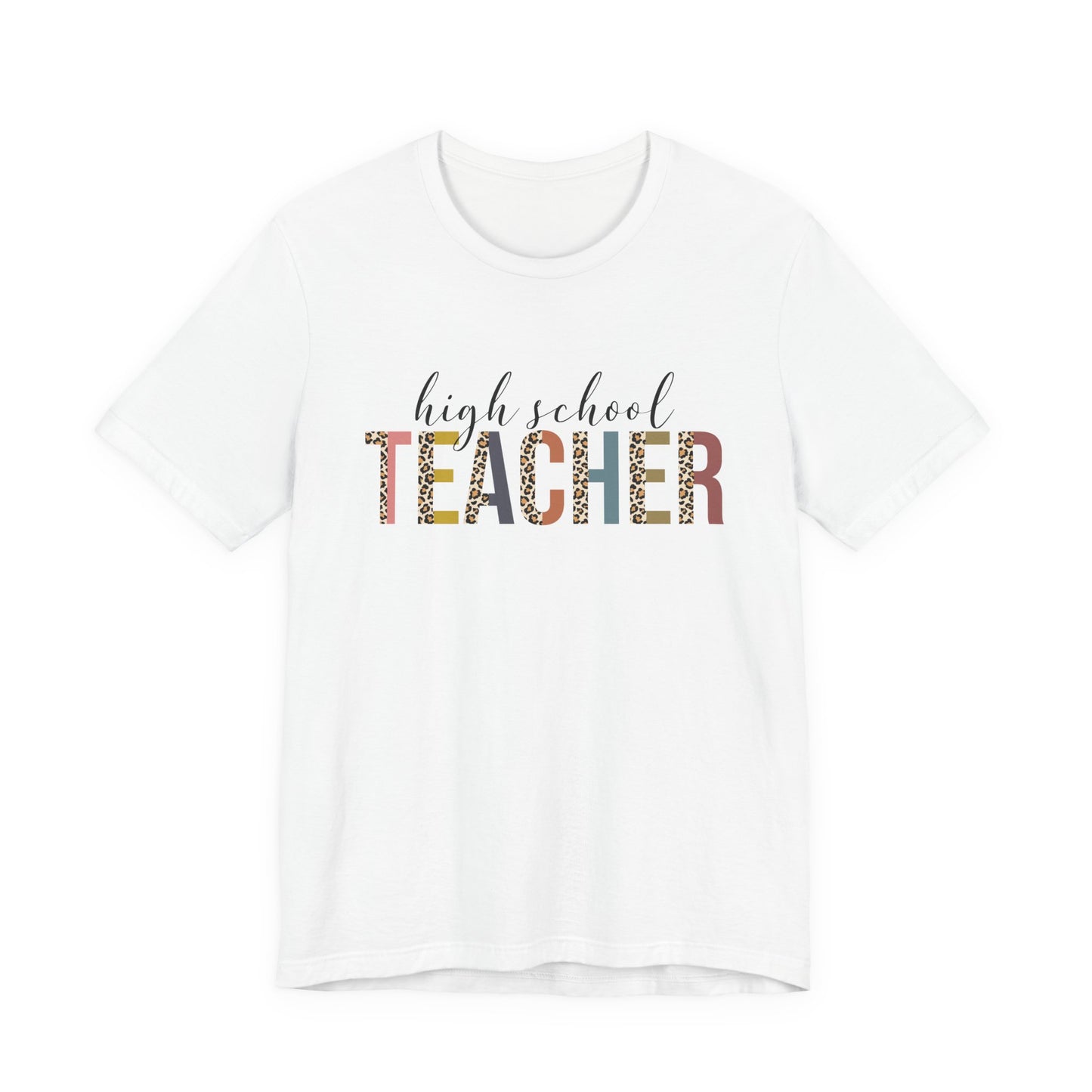 High School Teacher Jersey Short Sleeve Tee, Leopard Print and Pastel Rainbow Design T-Shirt, School Teacher Gifts, Back to School
