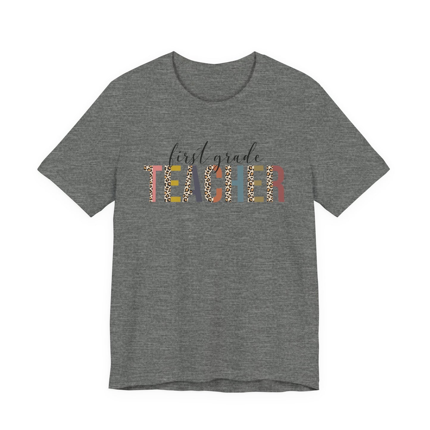First Grade Teacher Jersey Short Sleeve Tee, Leopard Print and Pastel Rainbow Design T-Shirt, School Teacher Gifts, Back to School Tee