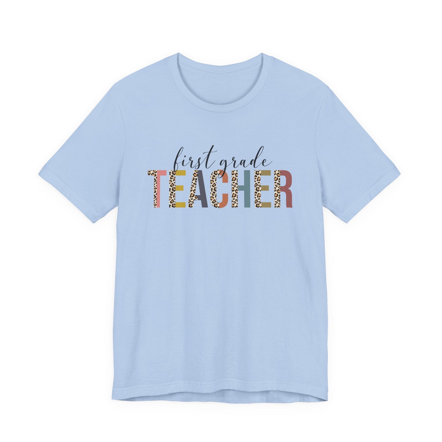 First Grade Teacher Jersey Short Sleeve Tee, Leopard Print and Pastel Rainbow Design T-Shirt, School Teacher Gifts, Back to School Tee