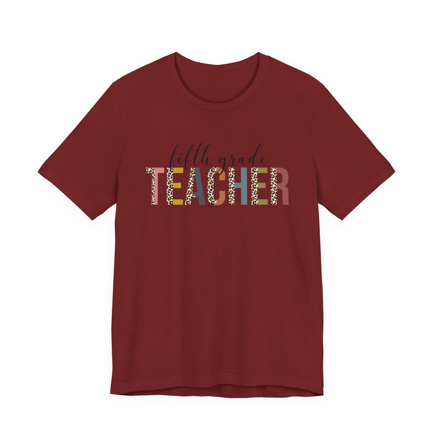 Fifth Grade Teacher Jersey Short Sleeve Tee, Leopard Print and Pastel Rainbow Design T-Shirt, School Teacher Gifts, Back to School