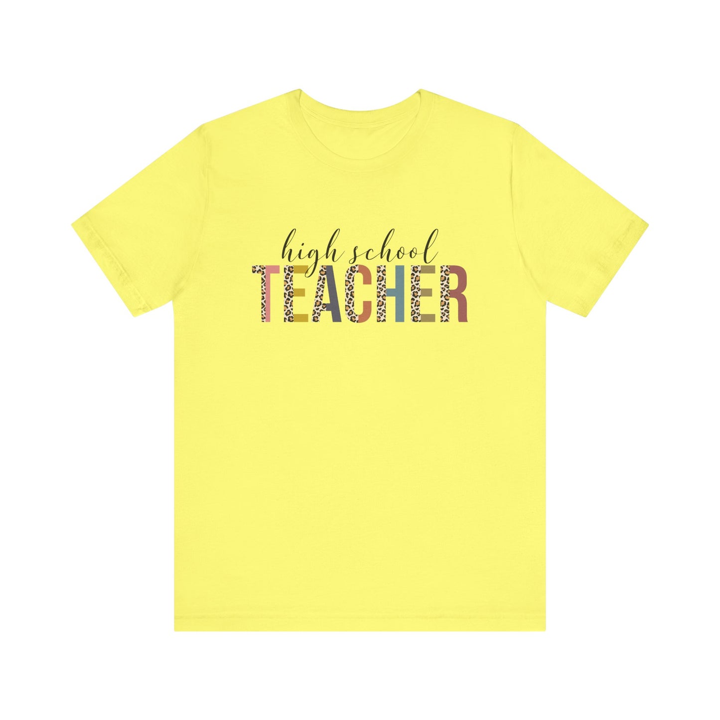 High School Teacher Jersey Short Sleeve Tee, Leopard Print and Pastel Rainbow Design T-Shirt, School Teacher Gifts, Back to School