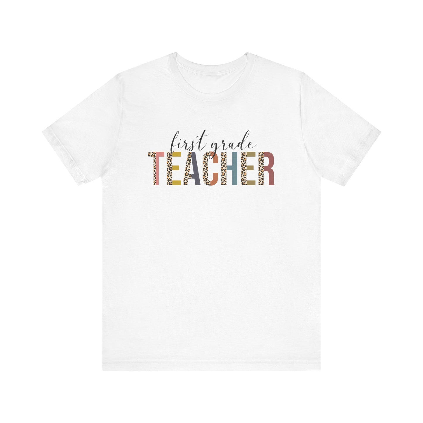 First Grade Teacher Jersey Short Sleeve Tee, Leopard Print and Pastel Rainbow Design T-Shirt, School Teacher Gifts, Back to School Tee