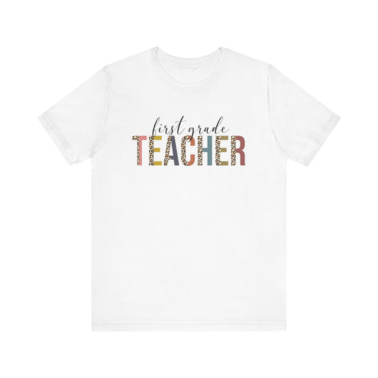 First Grade Teacher Jersey Short Sleeve Tee, Leopard Print and Pastel Rainbow Design T-Shirt, School Teacher Gifts, Back to School Tee