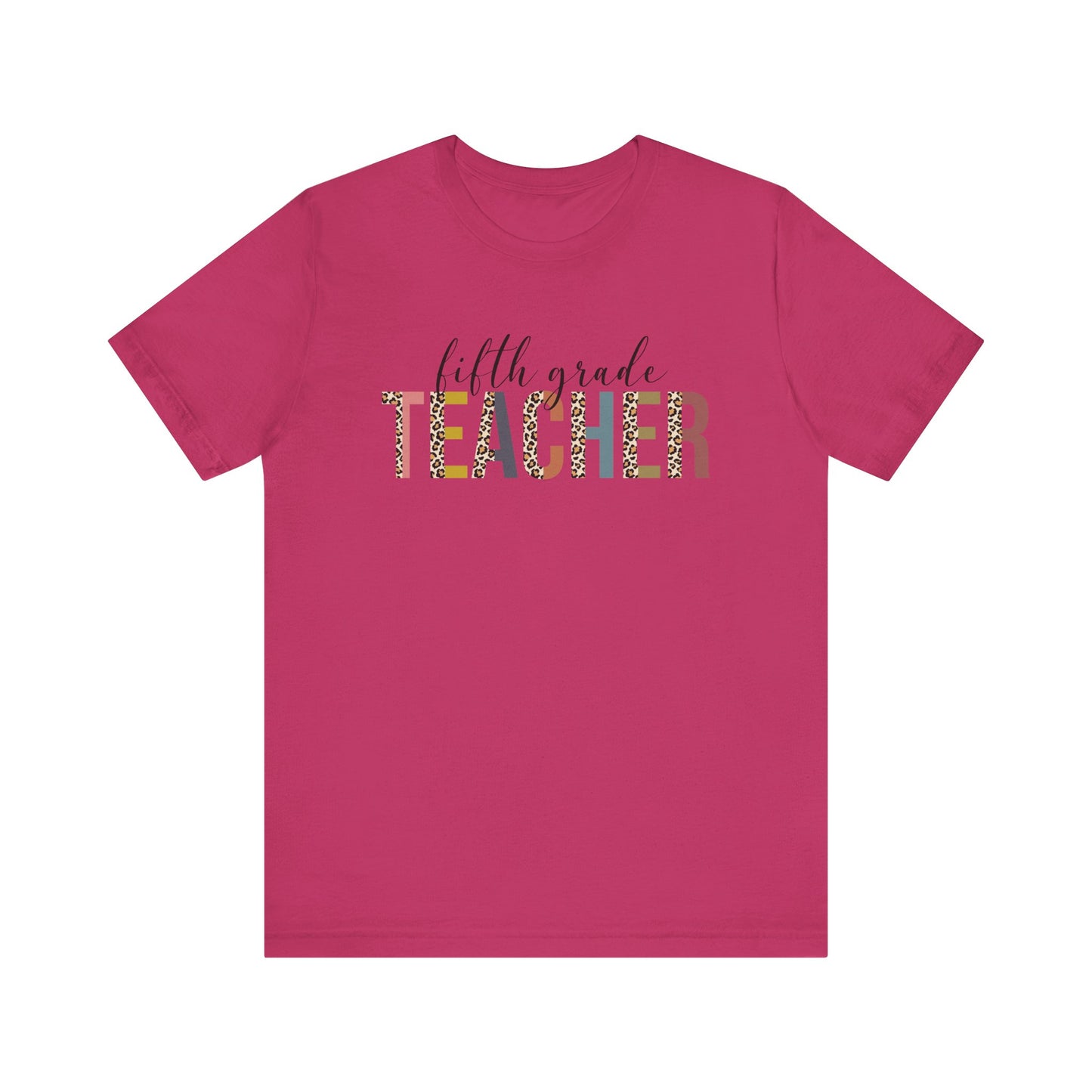 Fifth Grade Teacher Jersey Short Sleeve Tee, Leopard Print and Pastel Rainbow Design T-Shirt, School Teacher Gifts, Back to School