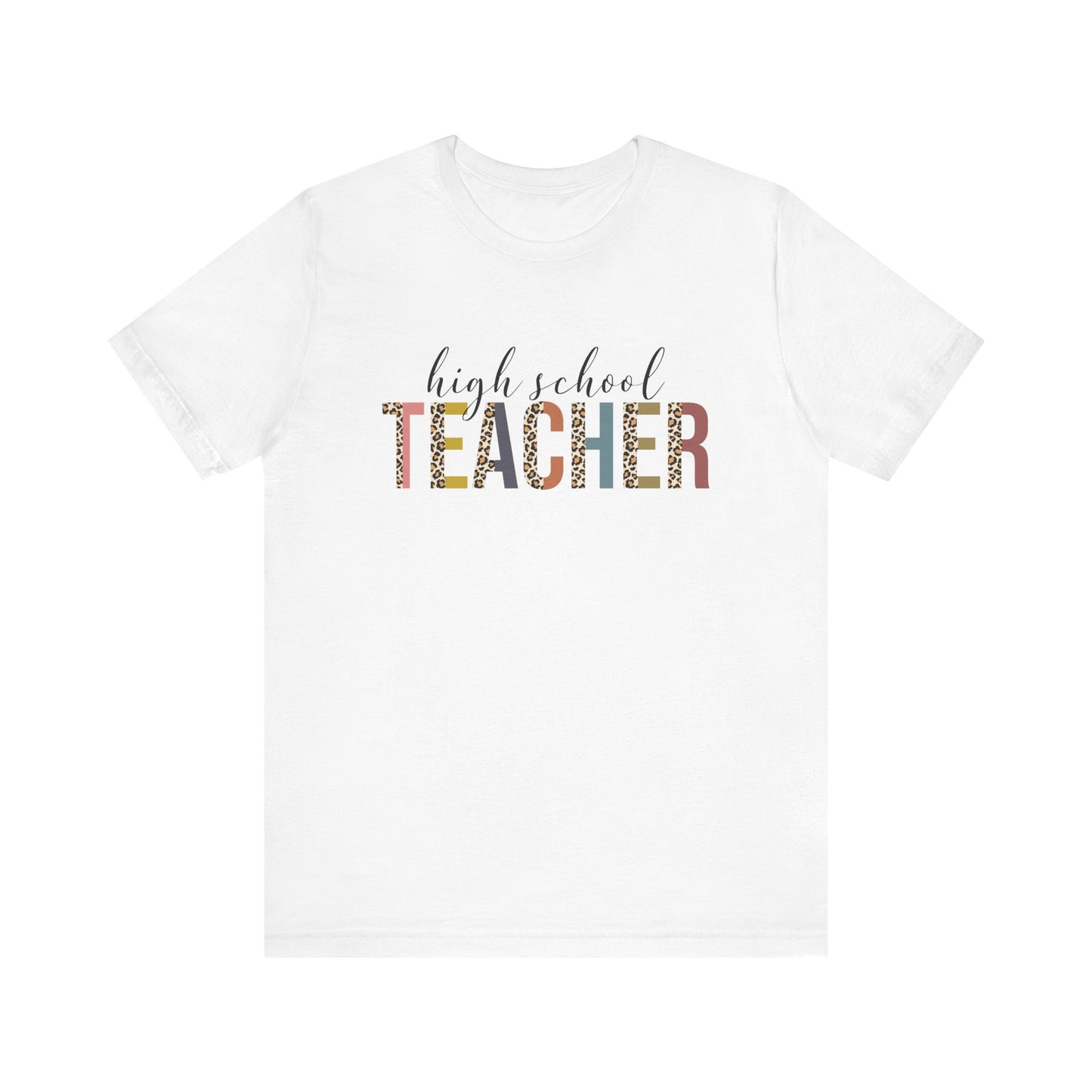 High School Teacher Jersey Short Sleeve Tee, Leopard Print and Pastel Rainbow Design T-Shirt, School Teacher Gifts, Back to School