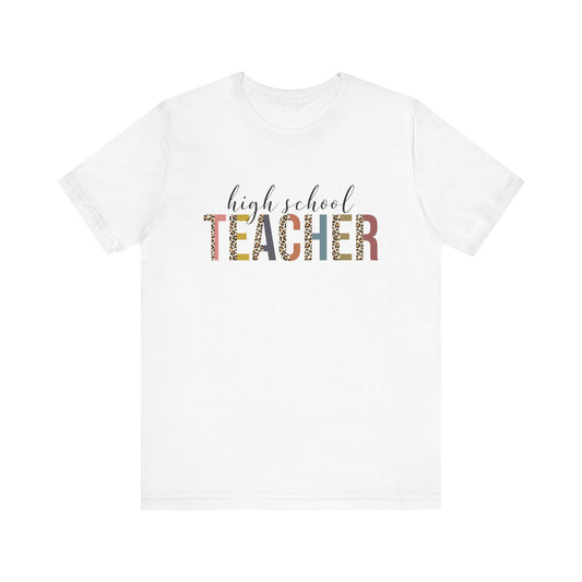 High School Teacher Jersey Short Sleeve Tee, Leopard Print and Pastel Rainbow Design T-Shirt, School Teacher Gifts, Back to School