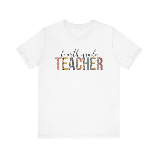 Fourth Grade Teacher Jersey Short Sleeve Tee, Leopard Print and Pastel Rainbow Design T-Shirt, School Teacher Gifts, Back to School T