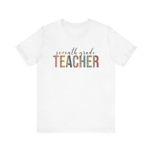 Seventh Grade Teacher Jersey Short Sleeve Tee, Leopard Print and Pastel Rainbow Design T-Shirt, School Teacher Gifts, Back to School