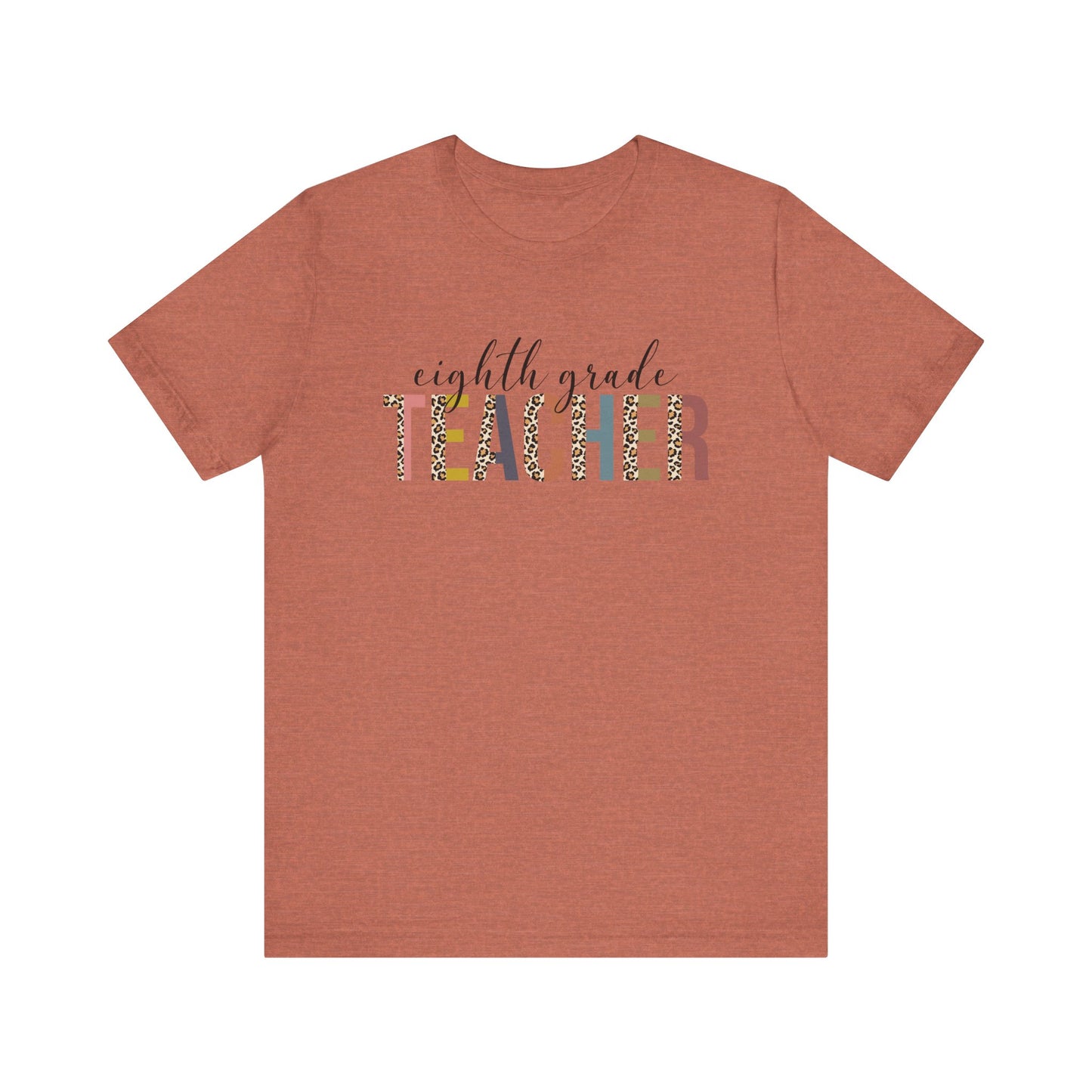 Eighth Grade Teacher Jersey Short Sleeve Tee, Leopard Print and Pastel Rainbow Design T-Shirt, School Teacher Gifts, Back to School